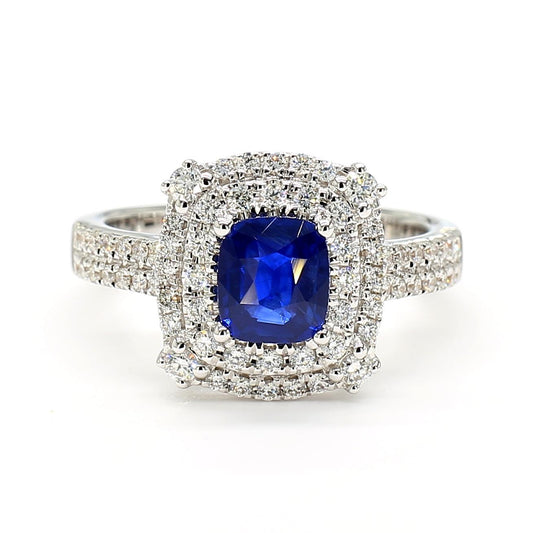 Natural Blue Cushion Sapphire and White Diamond 1.60 Carat TW Gold Cocktail Ring