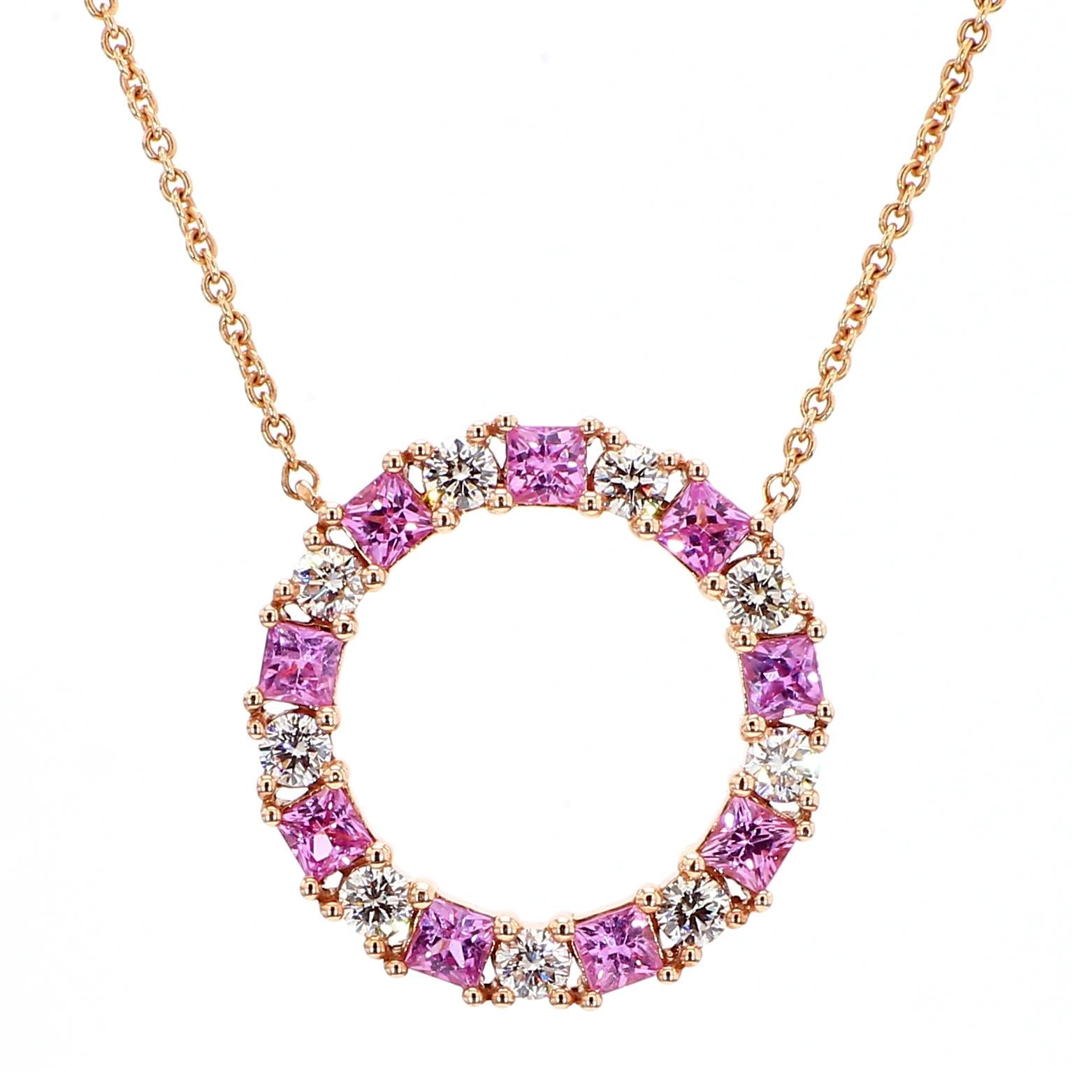 Natural Pink Princess Sapphire and White Diamond 1.60 Carat TW Gold Drop Pendant