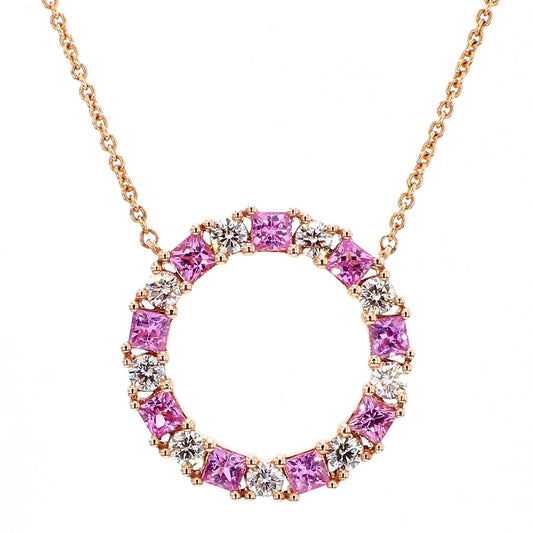 Natural Pink Princess Sapphire and White Diamond 1.60 Carat TW Gold Drop Pendant
