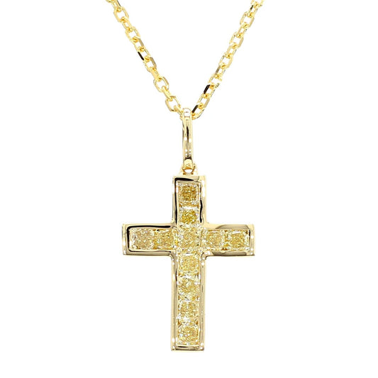 Natural Yellow Radiant Diamond 0.72 Carat TW Yellow Gold Cross Pendant