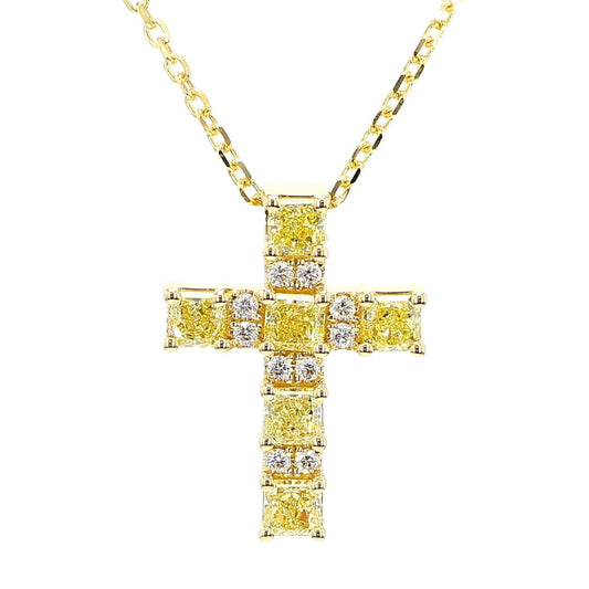 Natural Yellow Cushion and White Diamond 1.47 Carat TW Gold Cross Pendant