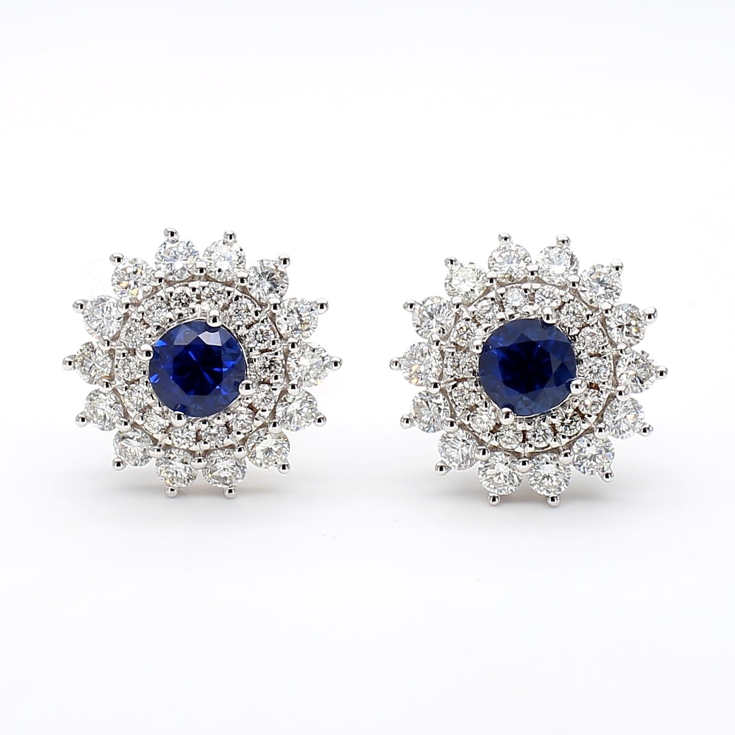 Natural Blue Round Sapphire and Diamond 1.46 Carat TW Gold Stud Earrings