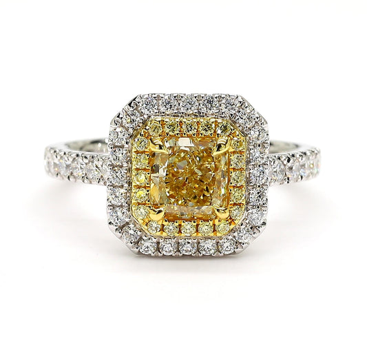 GIA Certified Natural Yellow Radiant Diamond 1.54 Carat TW Gold Cocktail Ring
