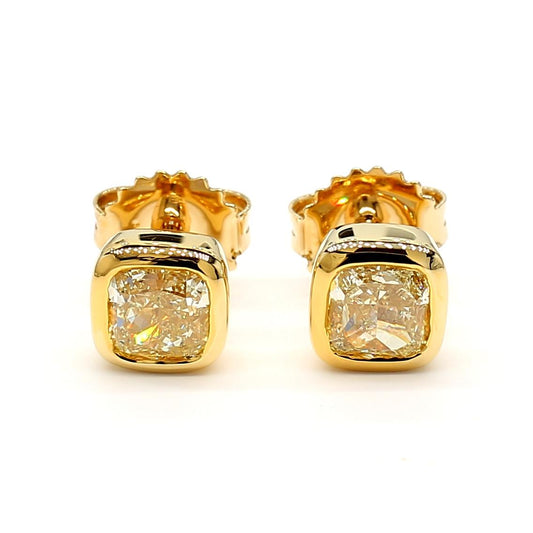 GIA Certified Natural Yellow Cushion Diamond 1.61 Carat TW Gold Stud Earrings
