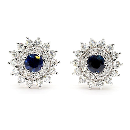 Natural Blue Round Sapphire and Diamond 1.42 Carat TW Gold Stud Earrings