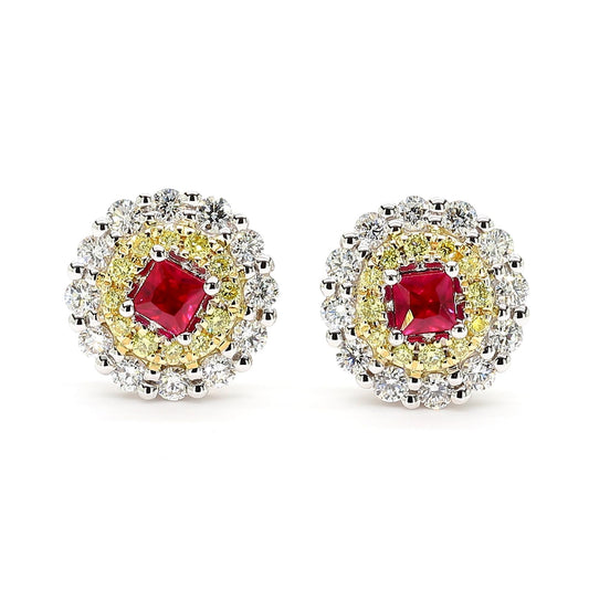 Natural Princess Ruby and White Diamond 1.09 Carat TW Rose Gold Stud Earrings