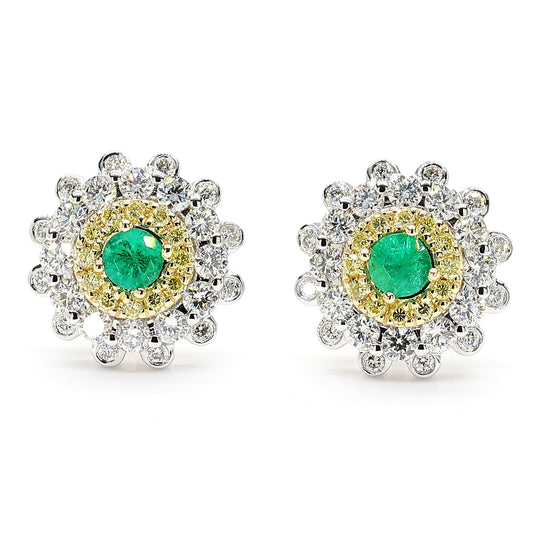 Natural Round Emerald and Diamond 1.30 Carat TW Gold Stud Earrings