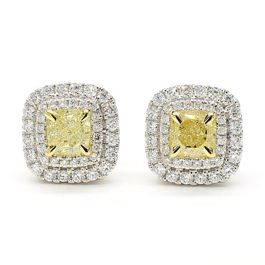GIA Certified Natural Yellow Cushion Diamond 2.21 Carat TW Gold Stud Earrings
