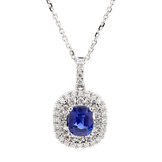 Natural Blue Cushion Sapphire and White Diamond 1.53 Carat TW Gold Drop Pendant