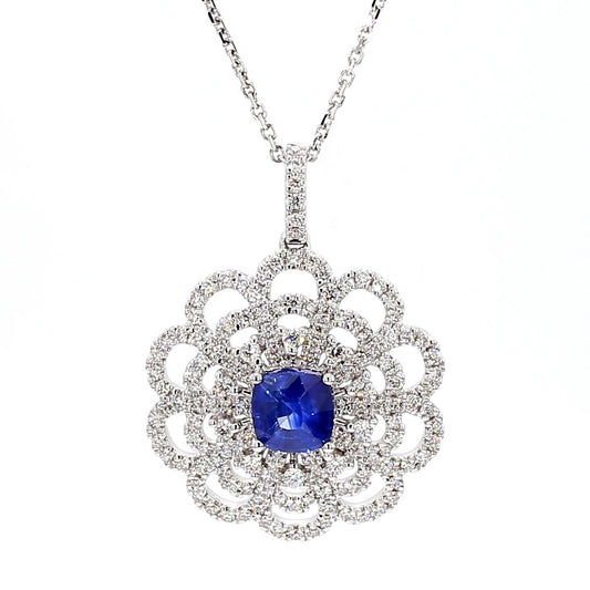 Natural Blue Cushion Sapphire and White Diamond 1.84 Carat TW Gold Drop Pendant