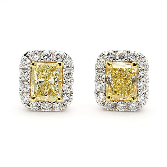 GIA Certified Natural Yellow Radiant Diamond 2.35 Carat TW Gold Stud Earrings