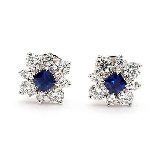 Natural Blue Princess Sapphire and Diamond 1.28 Carat TW Gold Stud Earrings