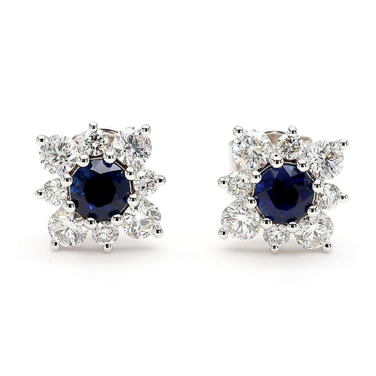 Natural Blue Round Sapphire and Diamond 1.51 Carat TW Gold Stud Earrings