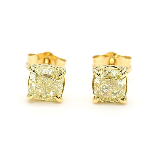 GIA Certified Fancy Yellow Cushion Diamond 1.50 Carat TW Gold Stud Earrings