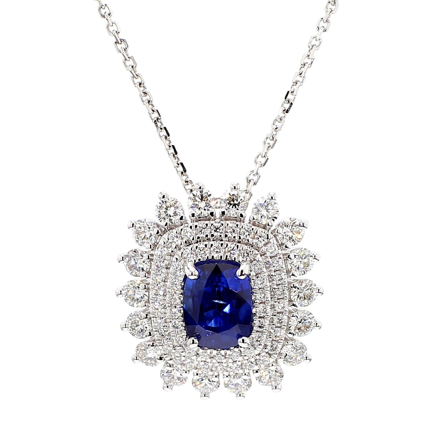Natural Blue Cushion Sapphire and White Diamond 2.97 Carat TW Gold Drop Pendant