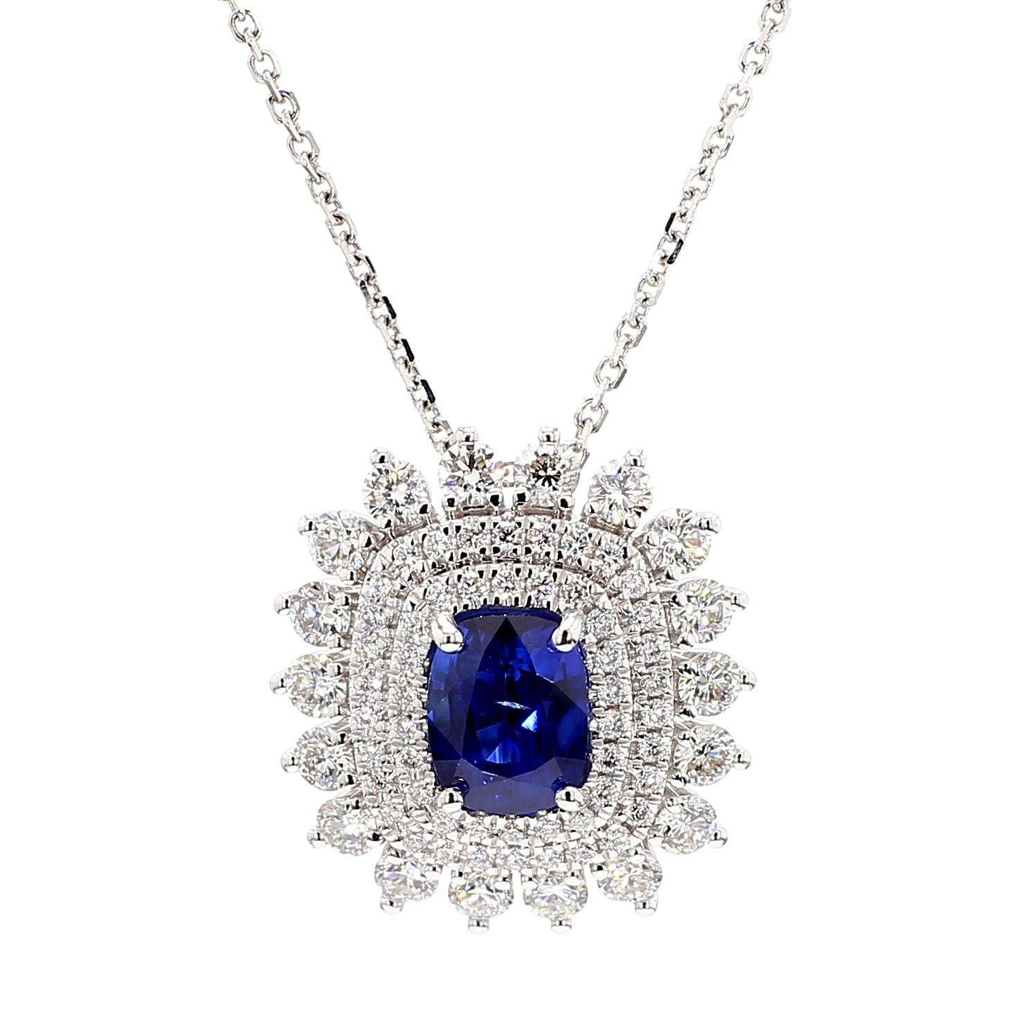 Natural Blue Cushion Sapphire and White Diamond 2.97 Carat TW Gold Drop Pendant
