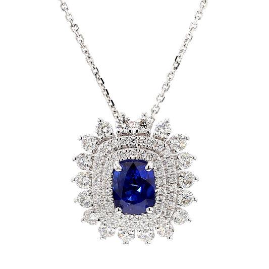 Natural Blue Cushion Sapphire and White Diamond 2.97 Carat TW Gold Drop Pendant