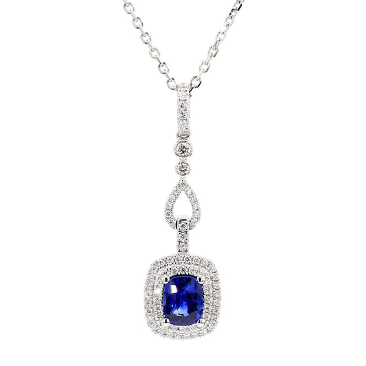Natural Blue Cushion Sapphire and White Diamond 1.28 Carat TW White Gold Pendant