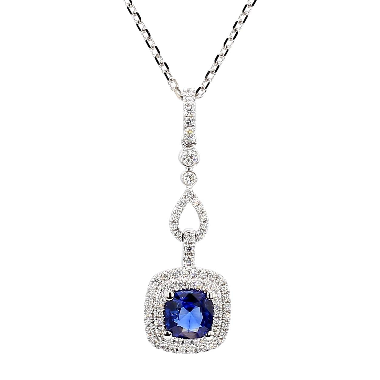 Natural Blue Cushion Sapphire and White Diamond 1.23 Carat TW White Gold Pendant
