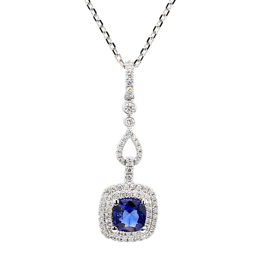 Natural Blue Cushion Sapphire and White Diamond 1.23 Carat TW White Gold Pendant