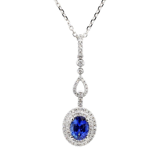 Natural Blue Oval Sapphire and White Diamond 1.63 Carat TW Gold Drop Pendant