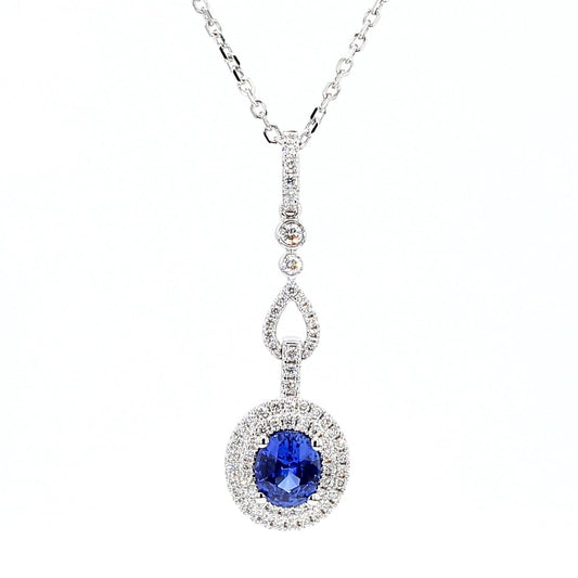Natural Blue Oval Sapphire and White Diamond 1.24 Carat TW Gold Drop Pendant