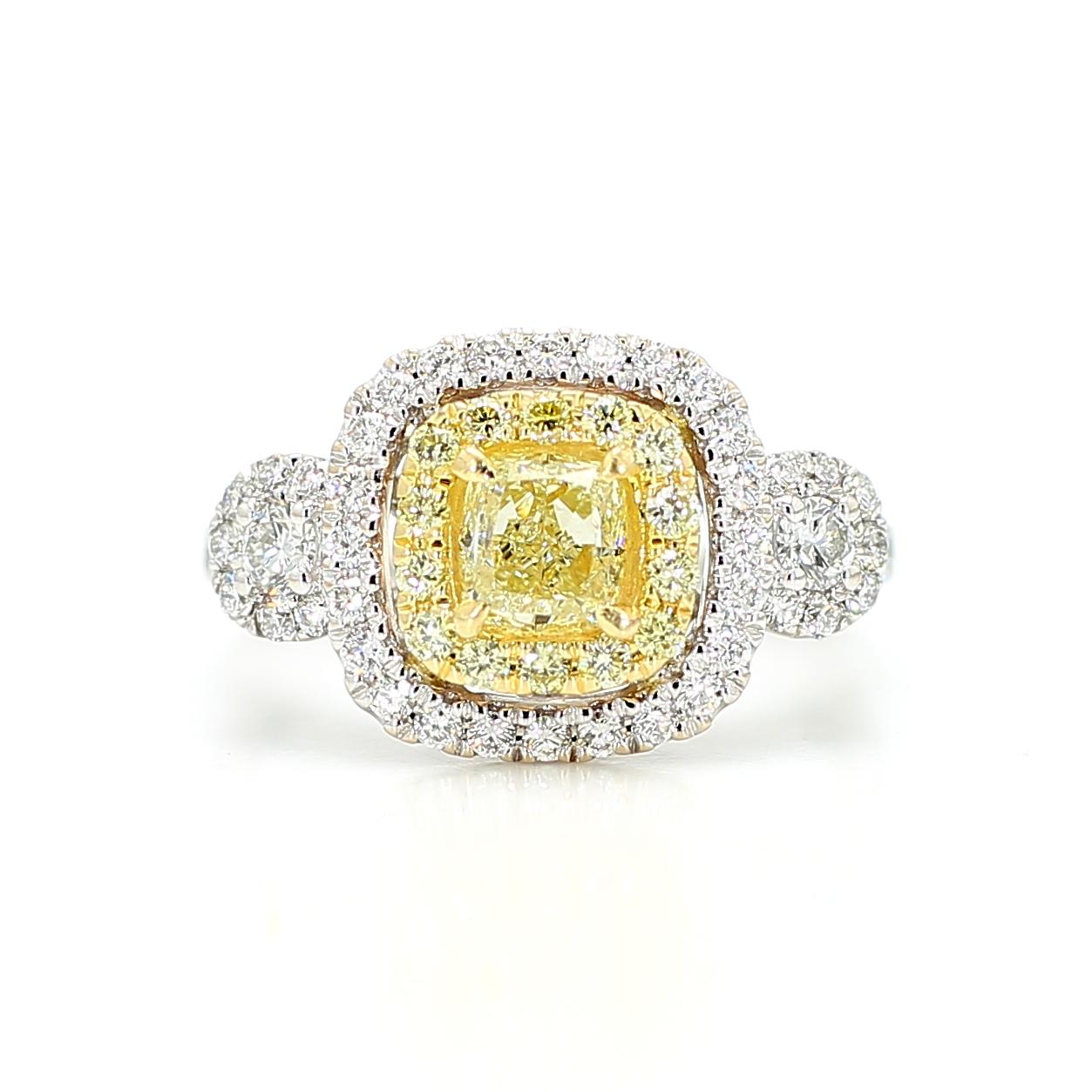 Natural Yellow Cushion Diamond 1.45 Carat TW Gold Cocktail Ring