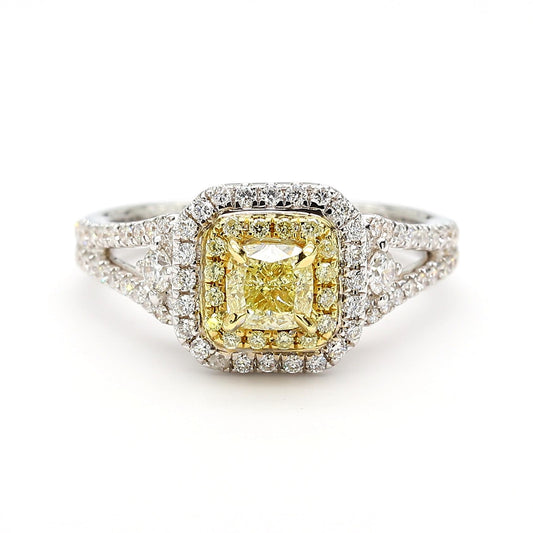 Natural Fancy Yellow Cushion Diamond 1.01 Carat TW Gold Cocktail Ring