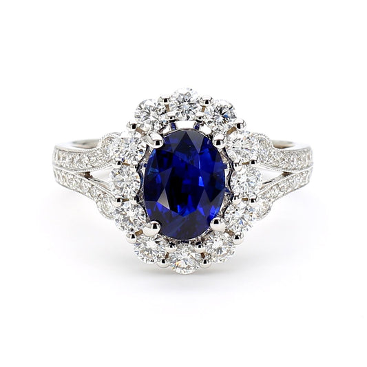 Natural Blue Oval Sapphire and White Diamond 2.47 Carat TW Gold Cocktail Ring