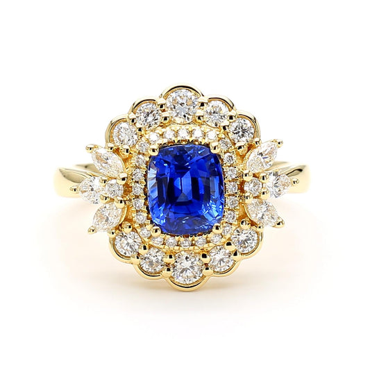 Natural Blue Cushion Sapphire and White Diamond 2.52 Carat TW Gold Cocktail Ring