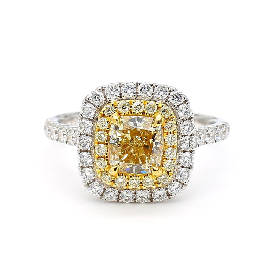 GIA Certified Natural Yellow Cushion Diamond 1.95 Carat TW Gold Cocktail Ring