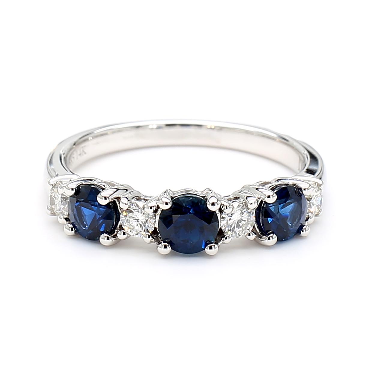 Natural Blue Round Sapphire and White Diamond 1.25 Carat TW Gold Cocktail Ring
