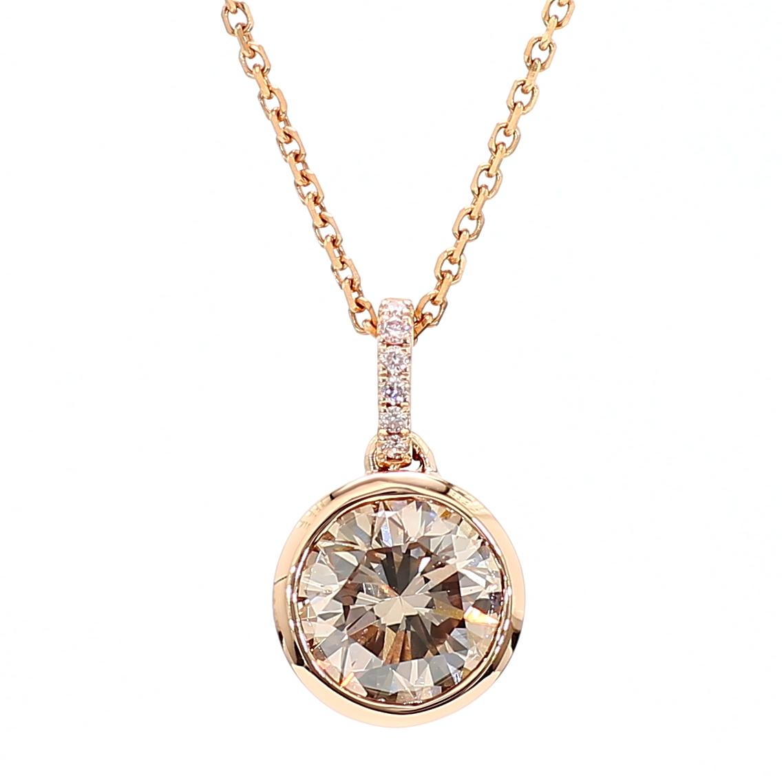 GIA Certified Fancy Pinkish Brown Round Diamond 1.62 Carat TW Gold Drop Pendant