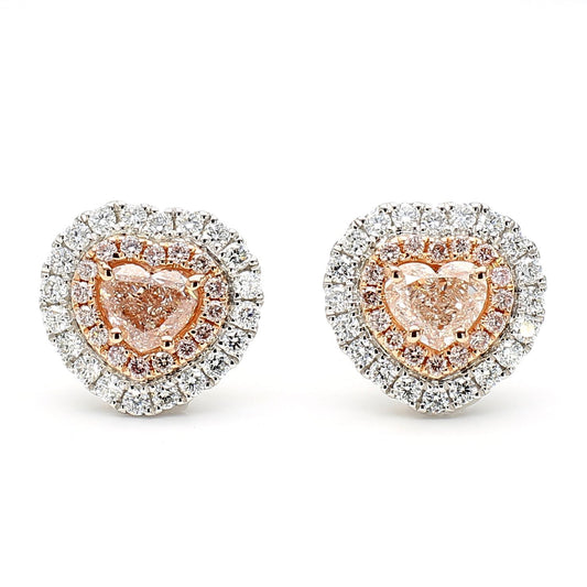 GIA Certified Light Pinkish Brown Heart Diamond 2.00 Carat TW Gold Stud Earrings