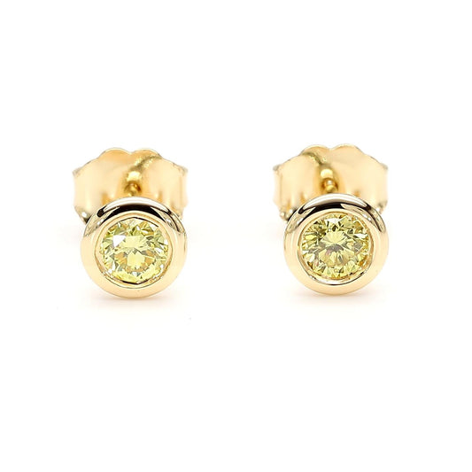 Natural Intense Yellow Round Diamond 0.30 Carat TW Yellow Gold Stud Earrings