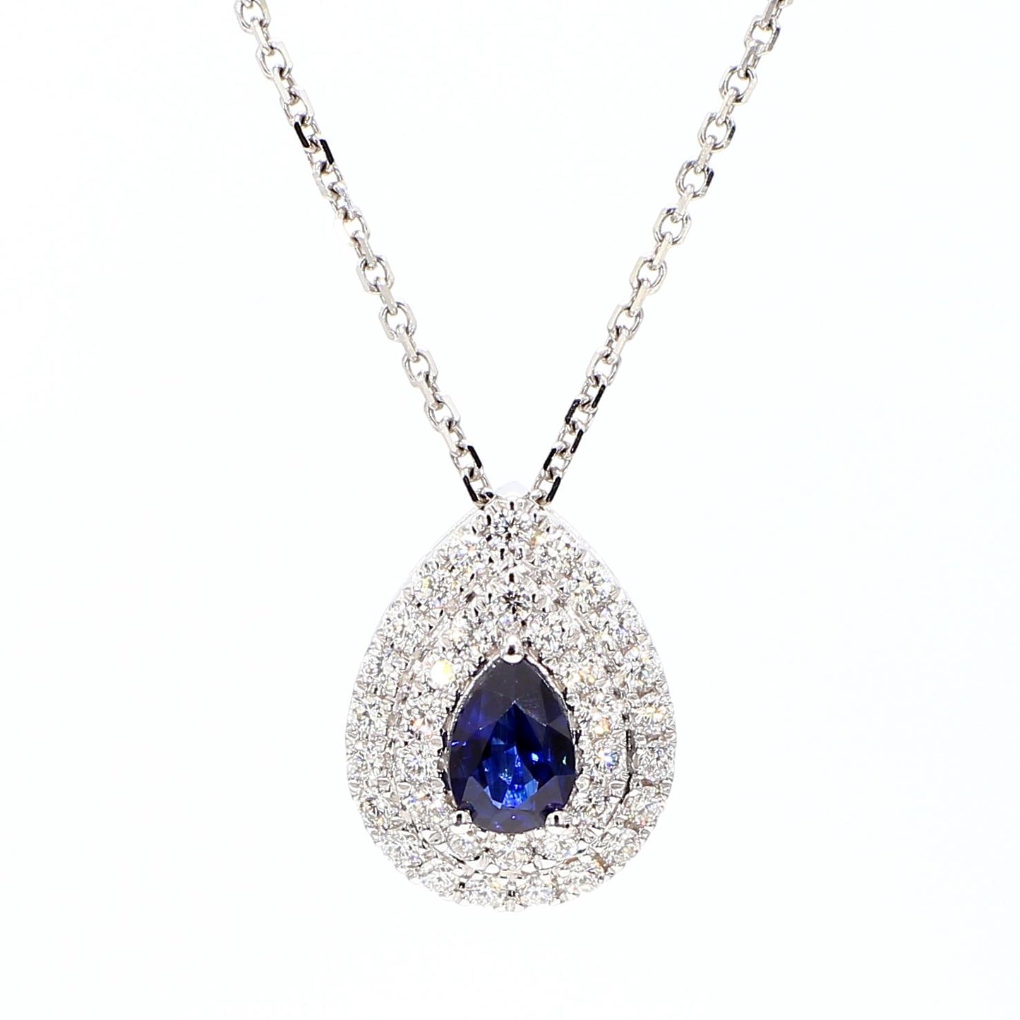 Natural Blue Pear Sapphire and White Diamond 0.73 Carat TW Gold Drop Pendant