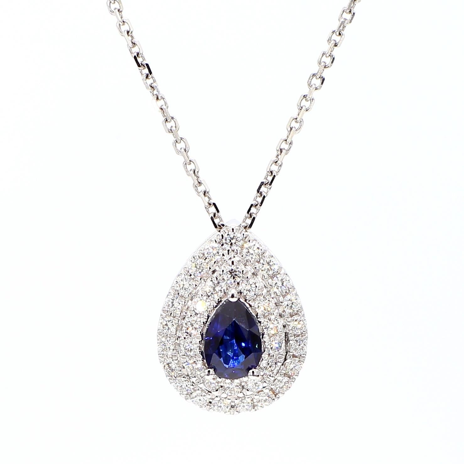 Natural Blue Pear Sapphire and White Diamond 0.73 Carat TW Gold Drop Pendant