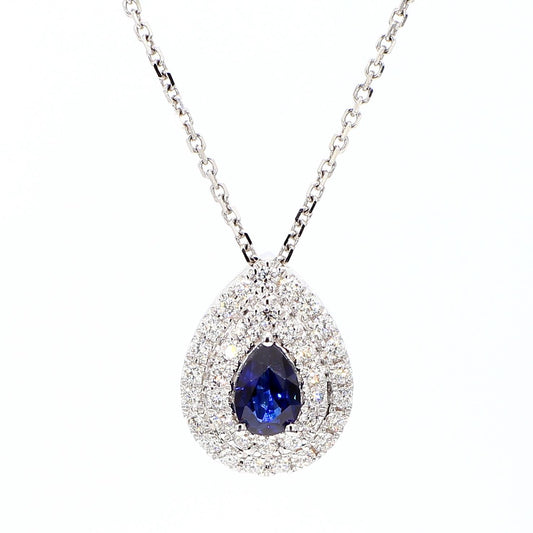 Natural Blue Pear Sapphire and White Diamond 0.73 Carat TW Gold Drop Pendant
