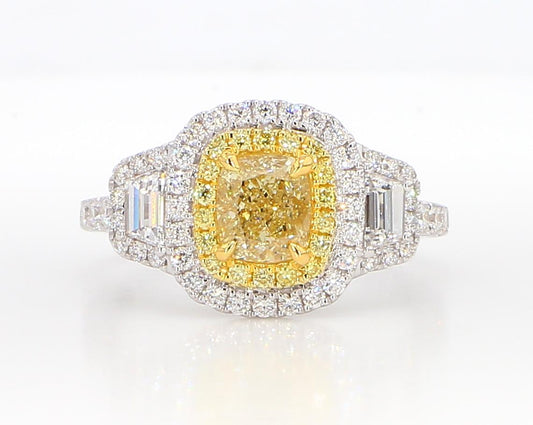 GIA Certified Natural Yellow Cushion Diamond 2.10 Carat TW Gold Cocktail Ring