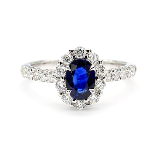 Natural Blue Oval Sapphire and White Diamond 1.59 Carat TW Gold Cocktail Ring