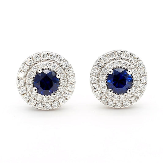 Natural Blue Round Sapphire and Diamond 1.05 Carat TW Gold Stud Earrings