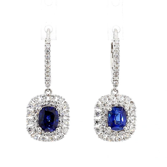 Natural Blue Cushion Sapphire and White Diamond 2.53 Carat TW Gold Drop Earrings
