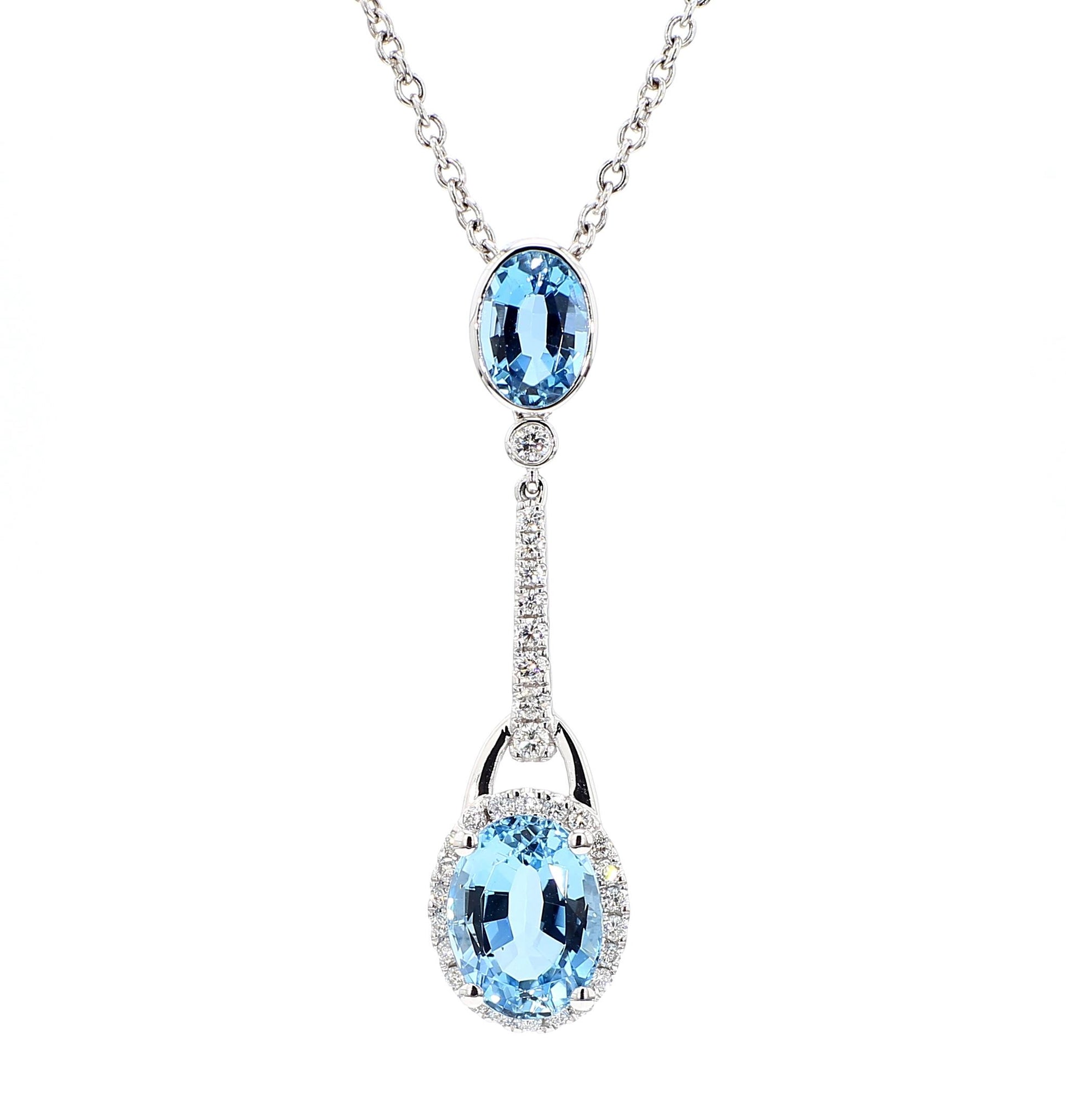 Natural Oval Aquamarine and White Diamond 3.82 Carat TW Gold Drop Pendant