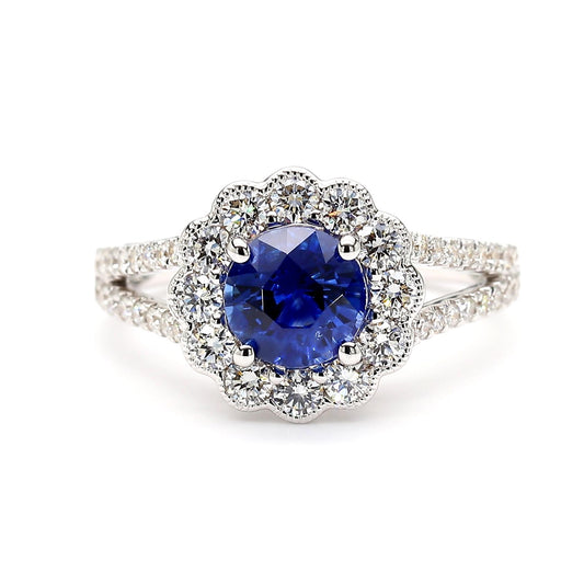 Natural Blue Round Sapphire and White Diamond 2.18 Carat TW White Gold Ring