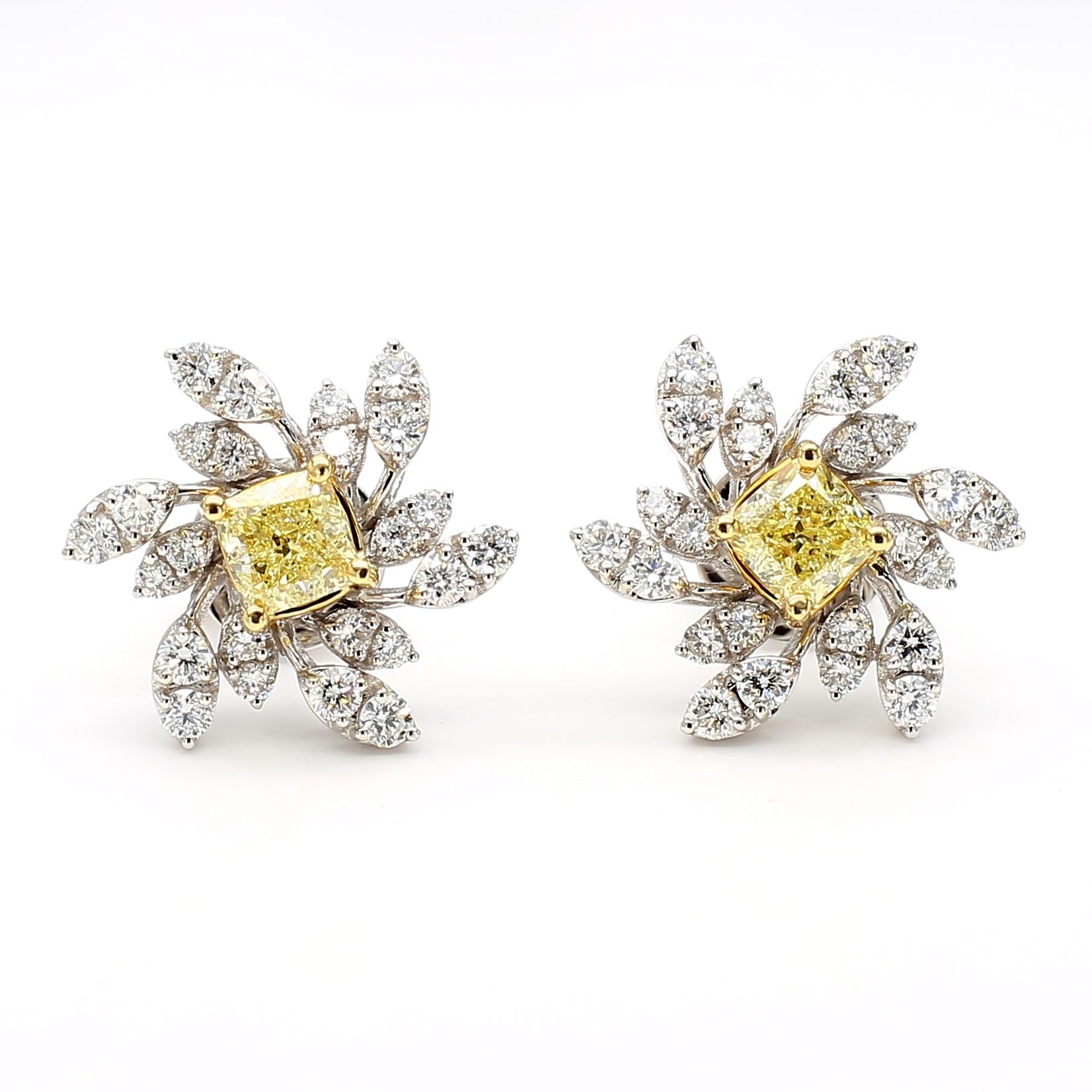 Natural Yellow Cushion Diamond 1.43 Carat TW Platinum Stud Earrings