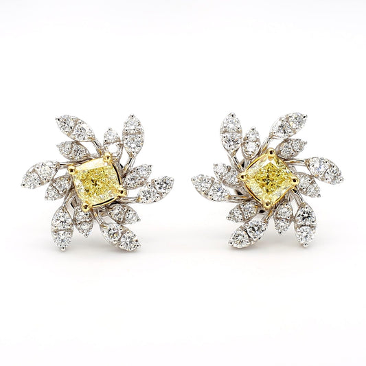Natural Yellow Cushion Diamond 1.43 Carat TW Platinum Stud Earrings
