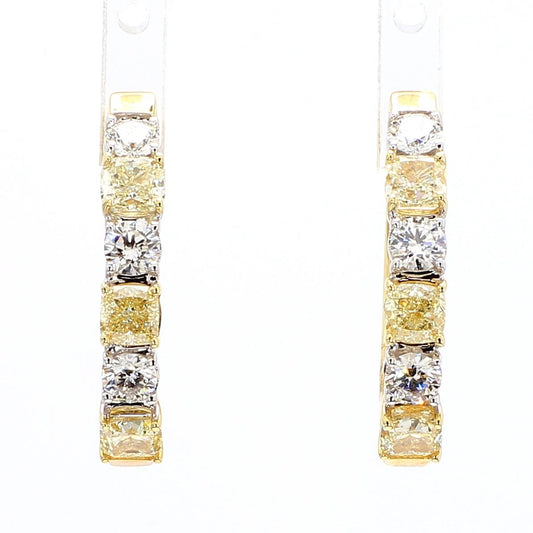 Natural Yellow Cushion and White Diamond 2.36 Carat TW Gold Hoop Earrings