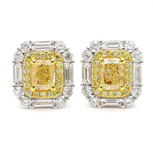 GIA Certified Natural Yellow Cushion Diamond 3.36 Carat TW Gold Stud Earrings