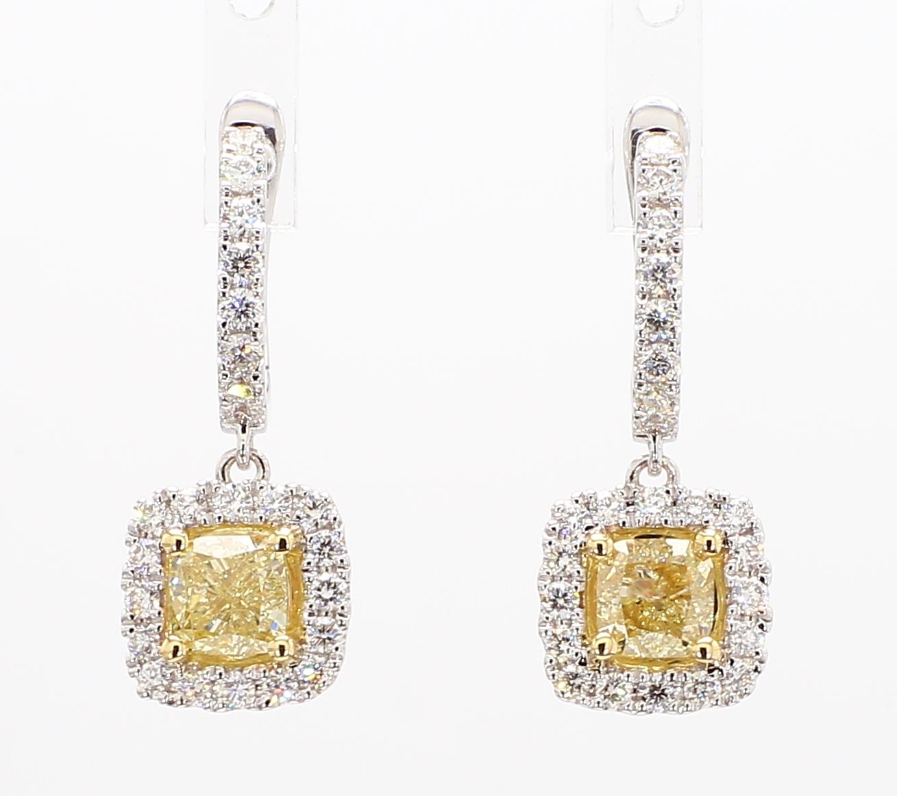 GIA Certified Natural Yellow Cushion Diamond 2.10 Carat TW Gold Drop Earrings