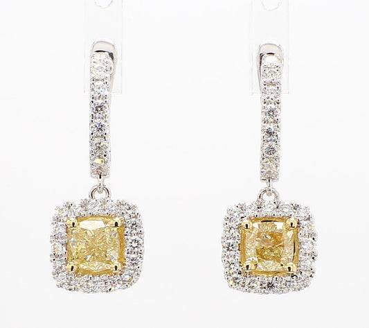 GIA Certified Natural Yellow Cushion Diamond 2.10 Carat TW Gold Drop Earrings